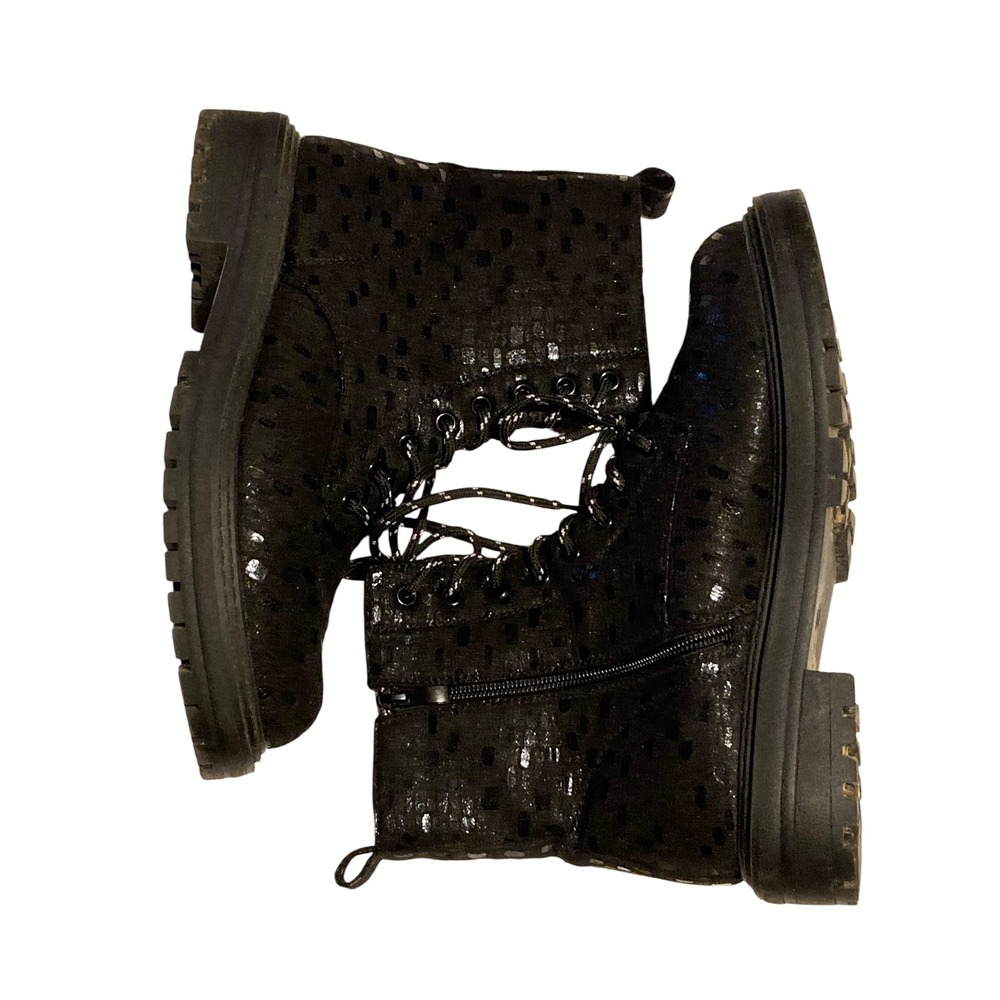 Tinstree Black Shimmer Polka Dot Combat Boots Side Zip Lug Sole Women's‎ 8.5